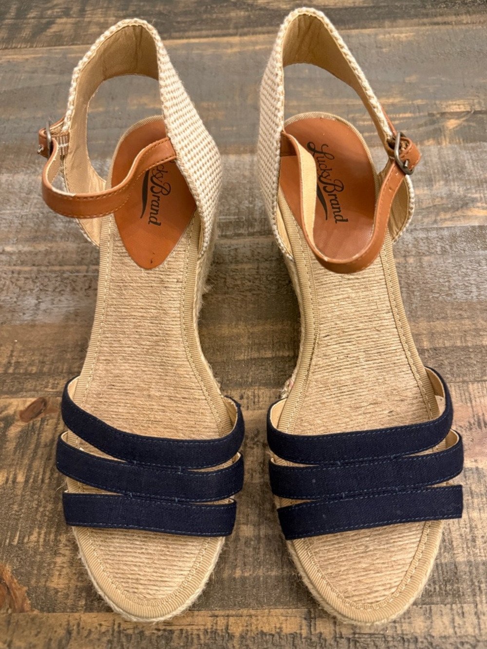 Lucky Brand Kyndra Navy and Tan Espadrille Wedge Sandals